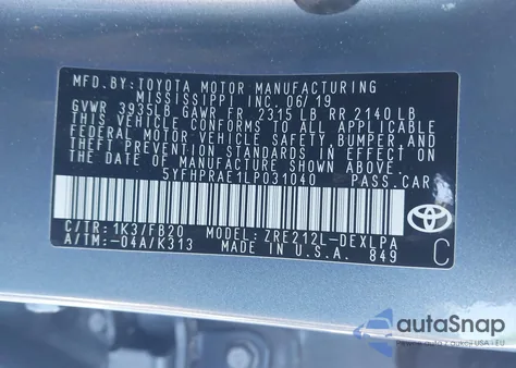 2020 Toyota Corolla Le z USA, uszkodzony, nr VIN 5YFHPRAE1LP031040